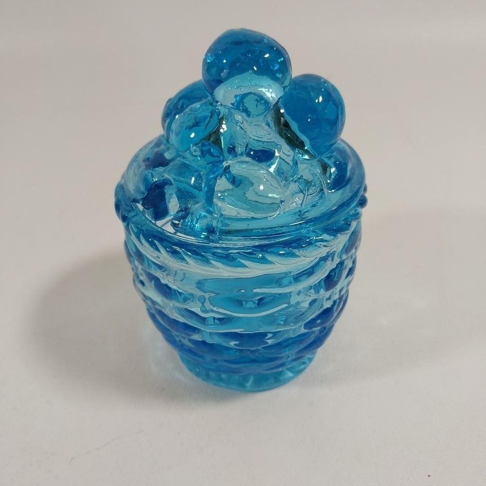 Vintage 1960's Aqua Blue Pressed‎ Glass Grape Cluster Jelly Jar Server w/ Lid